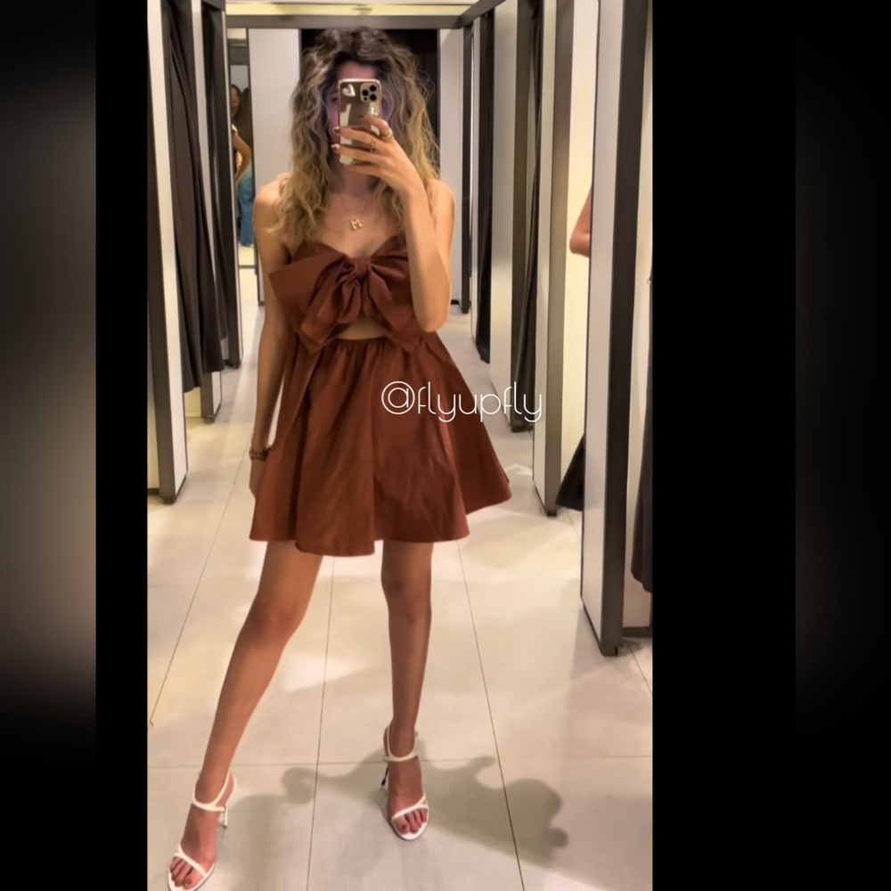 Zara * Bow Mini Dress Brown Size L - Picture 16 of 16
